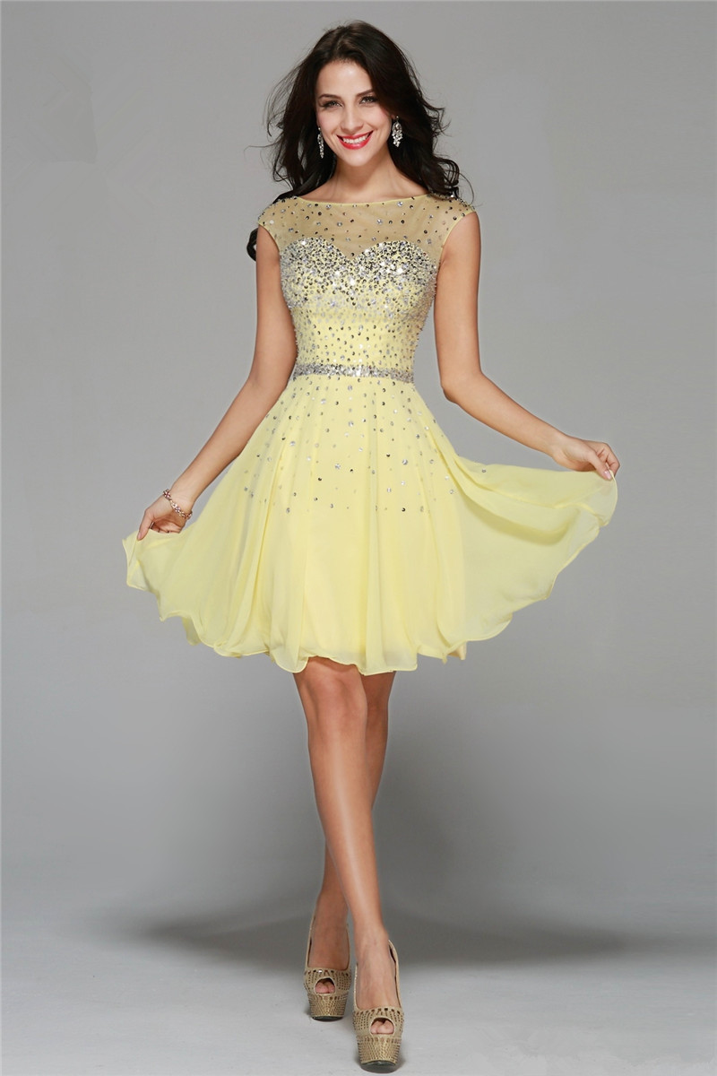 2017 Sexy Backless Yellow Crystal A-Line Prom Dresses With Scoop Chiffon Knee-Length Evening Formal Party Gown BP04