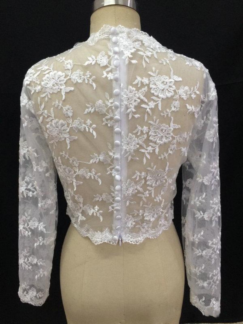 Cheap Bridal Wraps Modest Alencon Applique V Neck Wedding Bridal Bolero For Wedding Dresses Long Sleeve Lace Applique Jacket