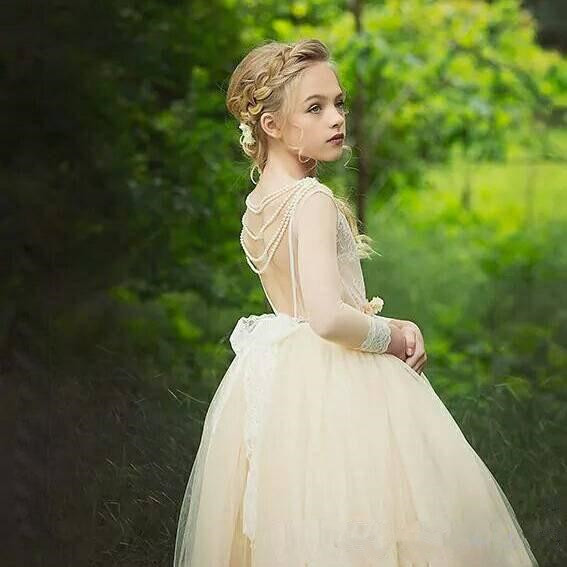 Sleeves Fairly Champagne Flower Girl Dresses for Country Weddings Princess A Line Scoop Neck Backless Long Kids Formal Wear Gowns Cheap