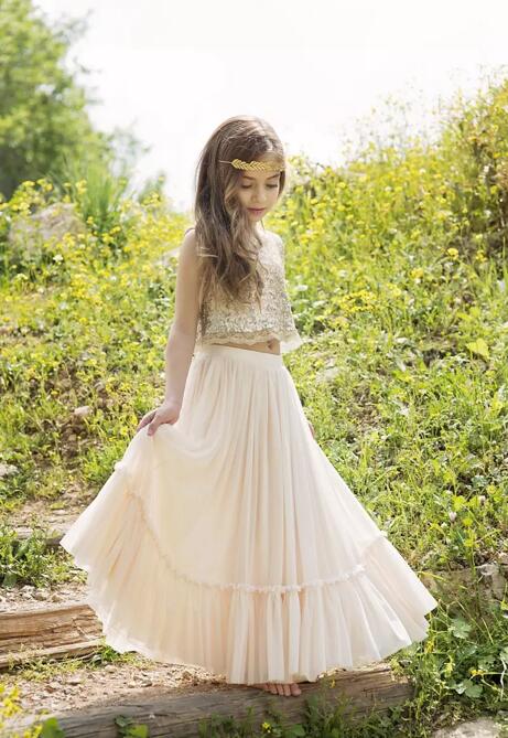 New Popular 2017 Gold Sequined Beige Chiffon Two Pieces Boho Flower Girls Dresses For Weddings Birthday Party Gowns Floor Length EN83013