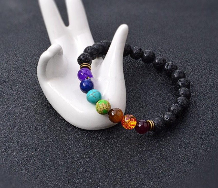 New Natural Black Lava Stone Bracelets 7 Reiki Chakra Healing Balance Beads Bracelet for Men Women Stretch Yoga Jewelry