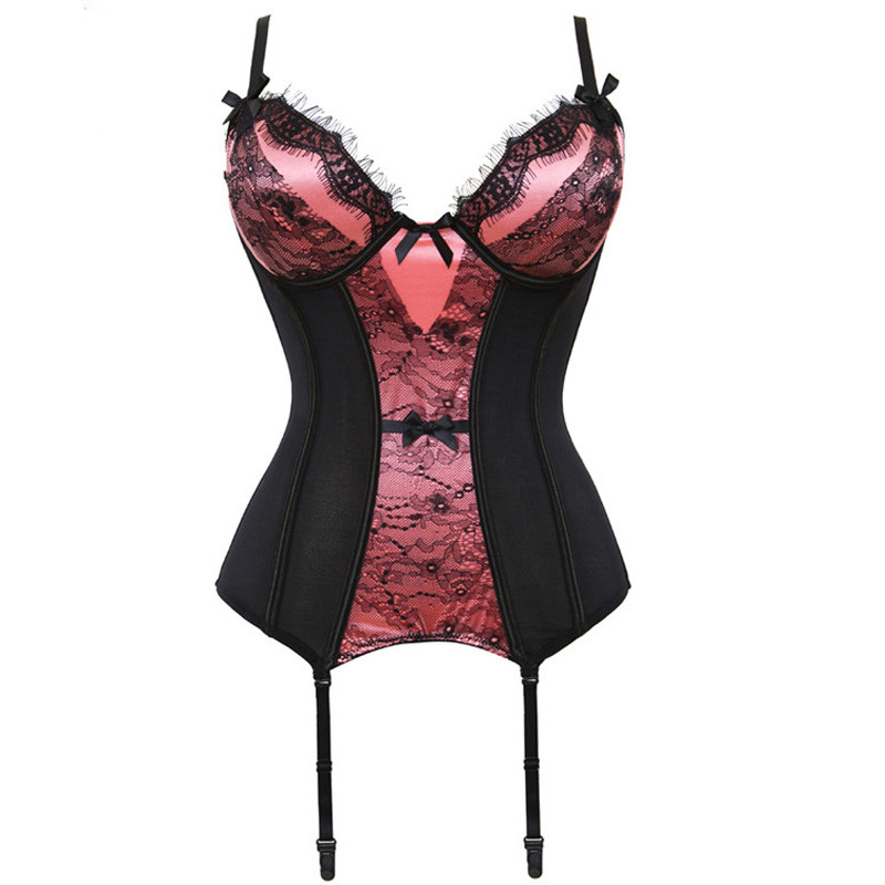 Black Blush Lace Contrast Tulle Push Up Bustier Corset Girdle Waist Cincher Sexy Lingerie Like Corset Nightwear Women Shappers Summer Garter