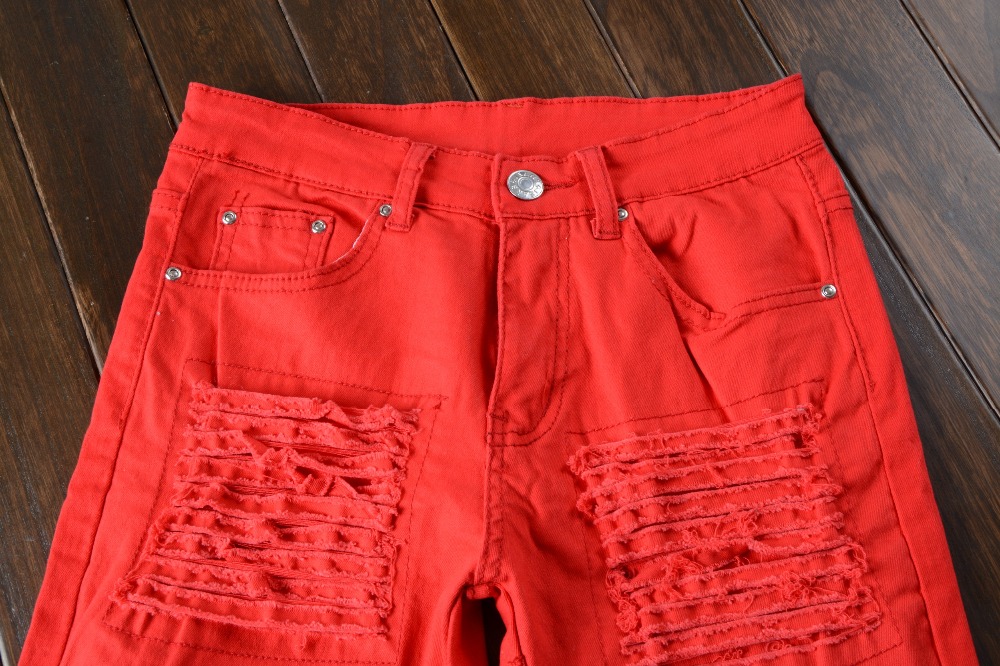 Red Ripped Biker Jeans For Men - Stretch Slim Fit Denim Pants