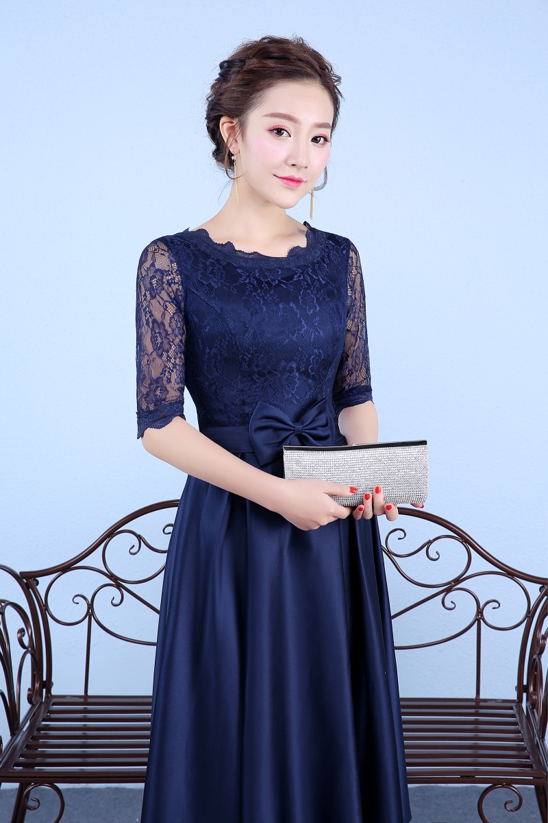 New Navy Blue Evening Dresses with Half Sleeve Elegant High Neck Satin Bride Gown 2017 Ball Prom Party Homecoming/Graduation Formal Dress