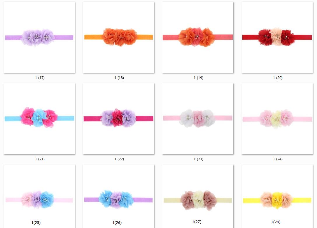20pcs Gril baby 3 flowers hair bands pearl Crystal Chiffon flower combination set Elastic Headbands Headwear head band Hair Accessories H061