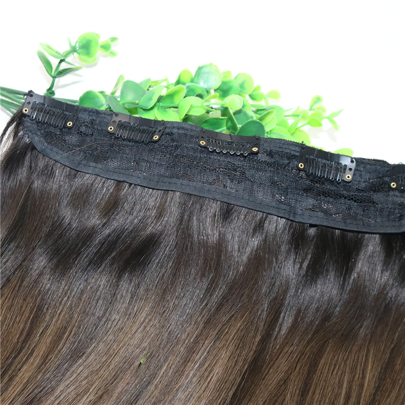 One Piece Clip In Human Hair Extensions 5Clips With Lace Straight Brazilian Virgin Hair Ombre Dark Brown Balayage 2/6