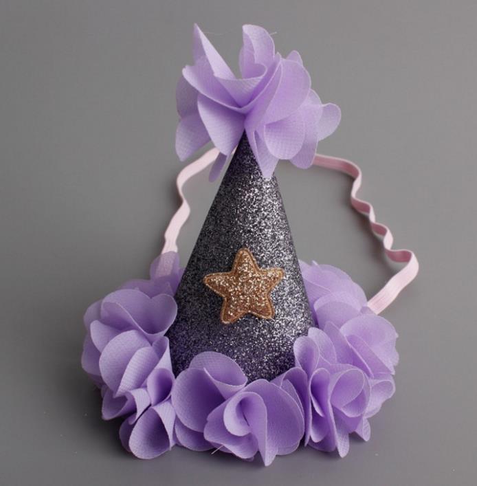 Baby Shower Birthday Cone Hat Crown Chiffon Flower Star Tiara Headband Kids Girls Party Hair Bands Accessories