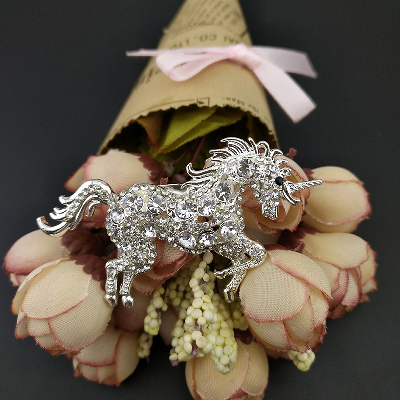 50pcs 58mm unicorn horse brooch pin silver tone clear rhinestone crystal brooches pretty animal wedding party jewelry pins