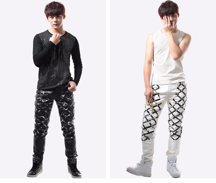 black red pants Rossoneri color rivet tight leather pants low-waist plaid male slim skinny pants male for singer dancer bar