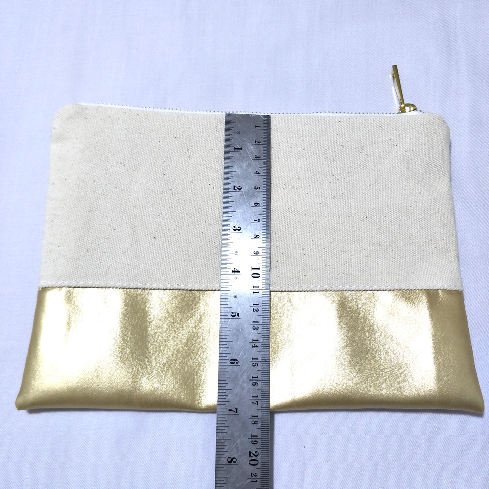natural cotton canvas cosmetic bag with waterproof gold leather bottom matching color lining gold zip 7x10in makeup bag factory