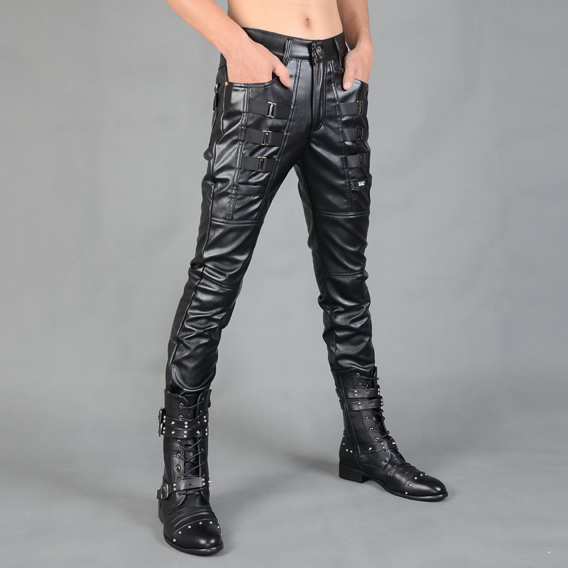 Male Korean Velvet thickening slim fashion leather trousers winter high quality slim special pants men show for singer dancer stage nightclub leather 