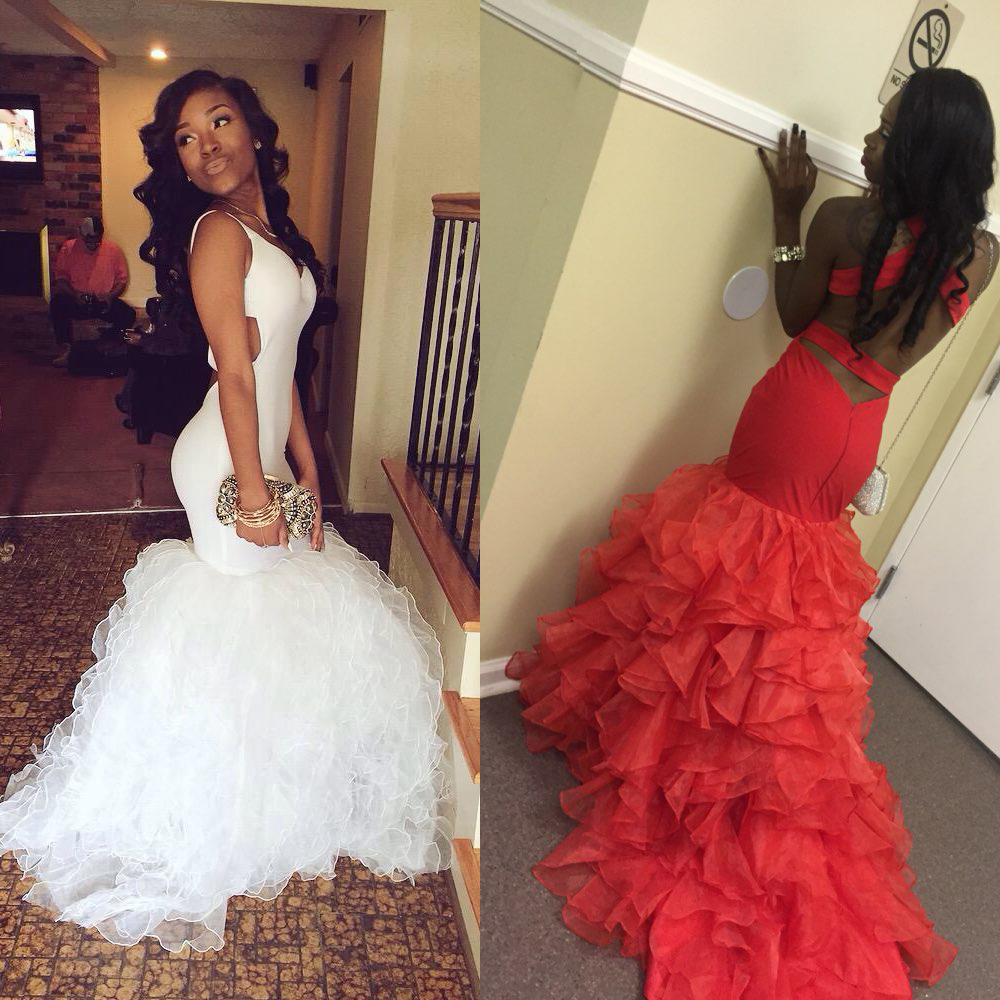 Cheap Long Ruffles Prom Dress New White Red V Neck Organza Evening Party Gown Custom Made Plus Size
