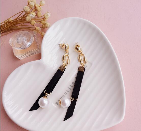 New wild ribbons long temperament earrings sweet and lovely female personality simple earrings pearl earrings