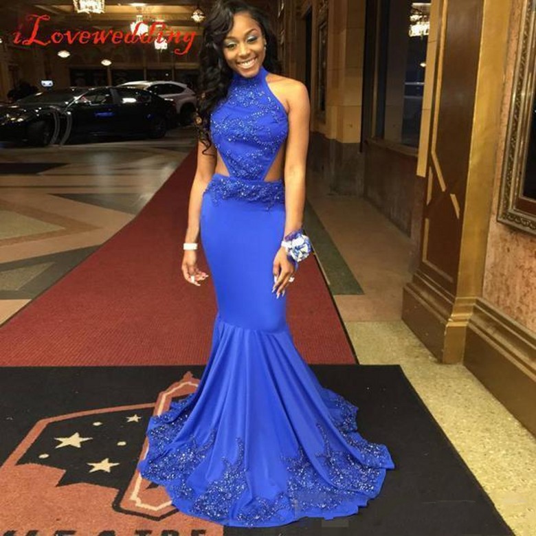Fashion Couple Fashion Royal Blue Prom Dresses Mermaid Halter Neck Beaded Appliques Sweep Train Evening Red Carpet Gowns