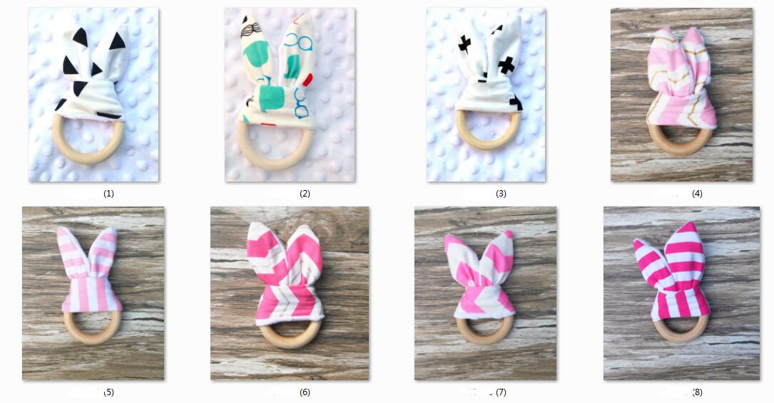 10pcs Baby Teethers 28 Colors Natural Wood Circle With Rabbit Ear minky dots Fabric Newborn Teeth Practice Toys Training Handmade Ring YE003