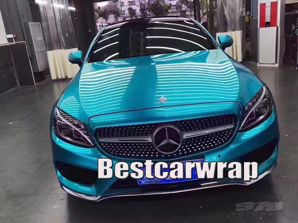Lake blue Gloss Metallic Vinyl Wrap For Car Wrap With Air Bubble Free Pearl blue candy Car styling Vehicle boat covering Size:1.52*20M/Roll