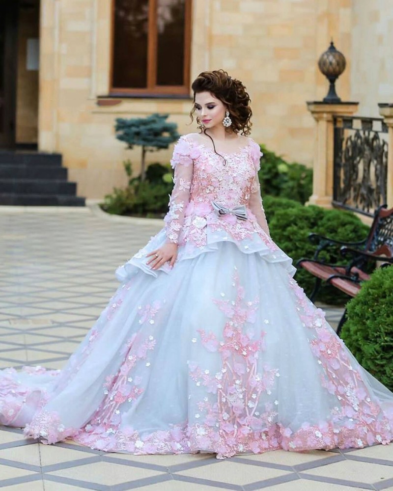 Princess Evening Dresses Long Sleeve Hand Made Of Flower Tiered Tulle Prom Dresses Applique Prom Gowns Custom Made Ball Gown