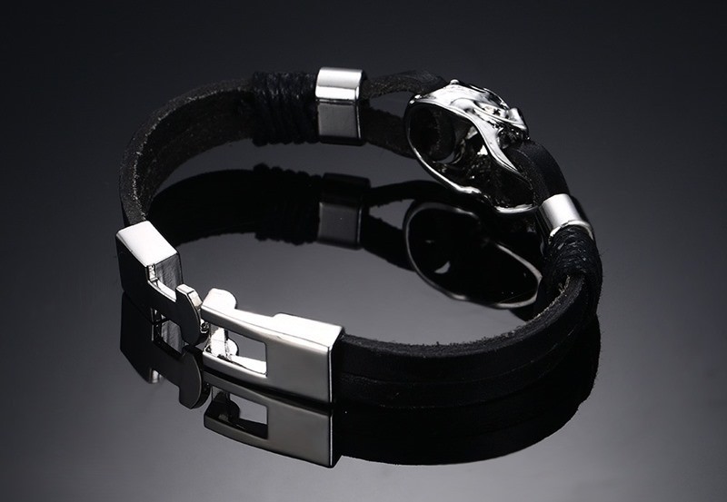 Punk Rock Mens Black Durable Leather Bracelets Gothic Skull Cuff Bangle Stainless Steel Skeleton Pulseiras Masculinas BL-224