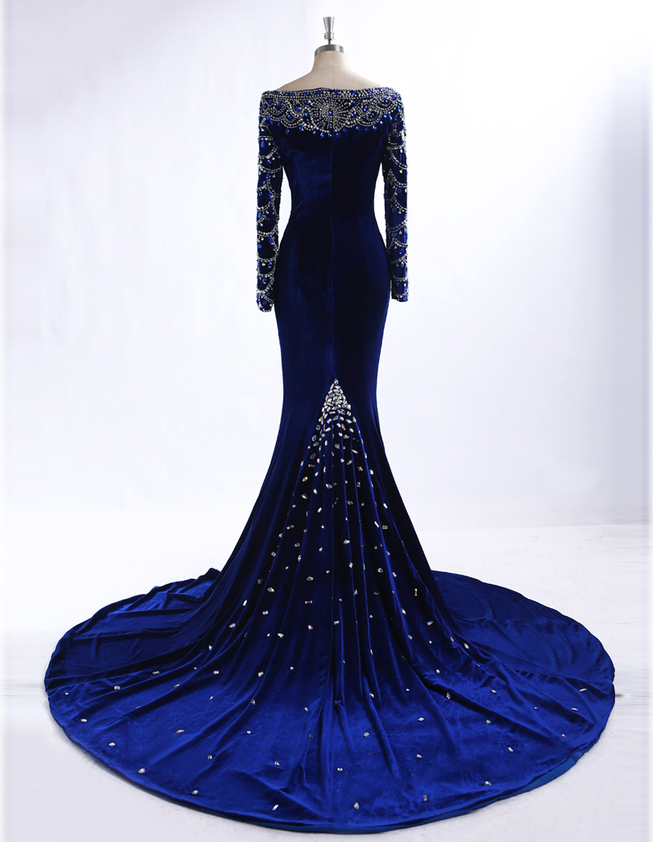 Royal Blue Velvet Evening Dresses With Long Sleeves 2022 Winter Real Photos V-neck Beaded Crystal Mermaid Sweep Train Fromal Evening Gowns