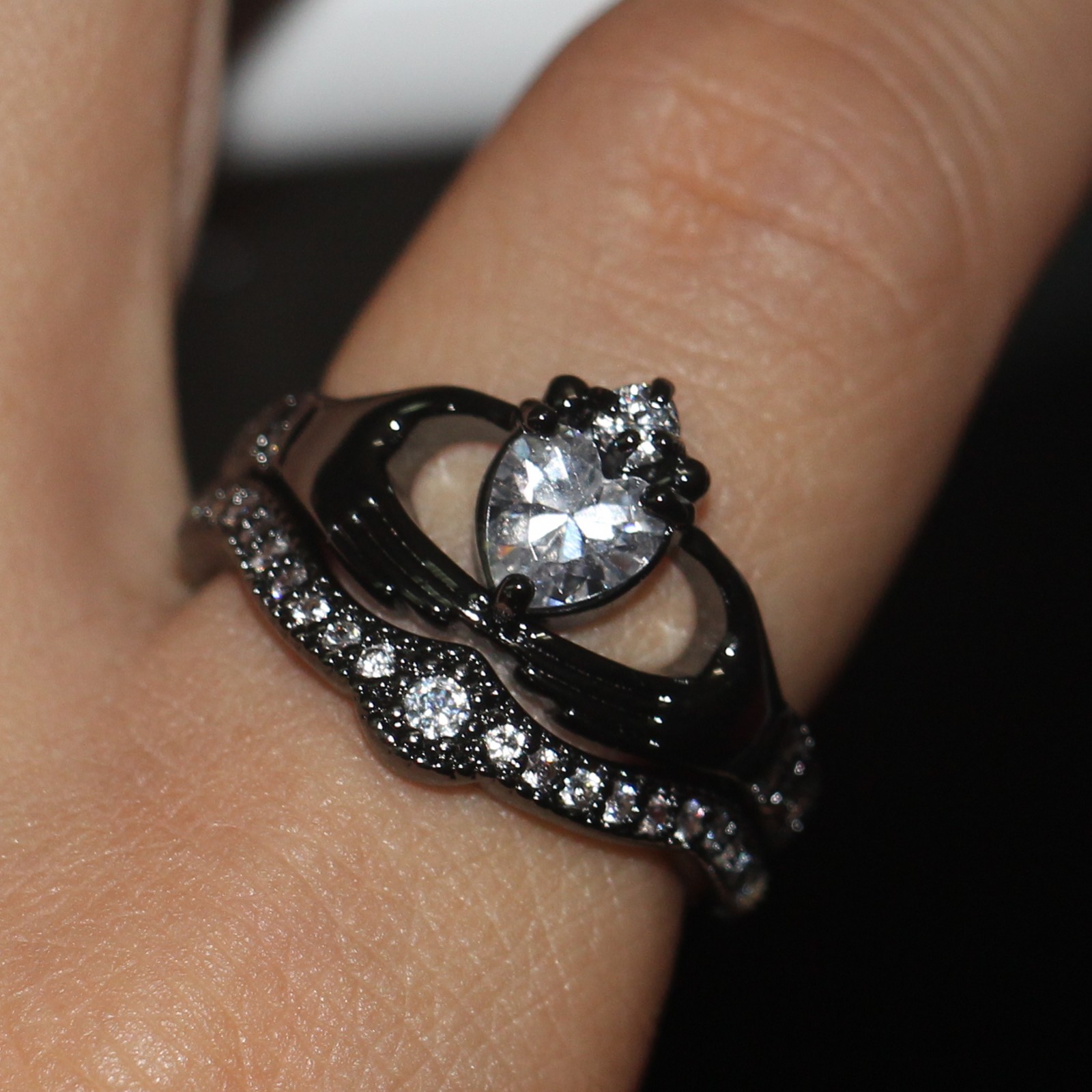 Exquisite 10K Black Gold Filled Heart Topaz Wedding Bridal Claddagh Ring Set for Women, Sizes 5-11