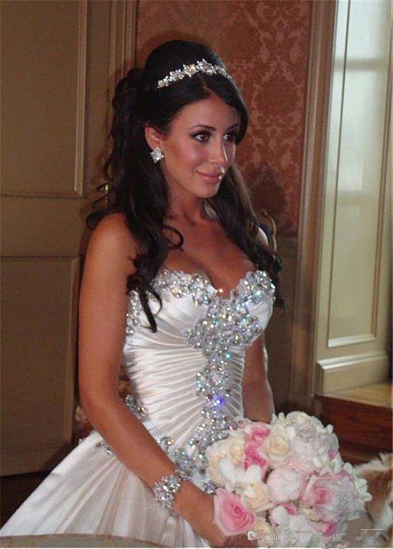 Amazing Crystal Ball Gown Gowns Sweetheart Satin Wedding Dresses Vestido De Noiva Lace-Up Rhinestones Bridal Dress Custom Made 0510