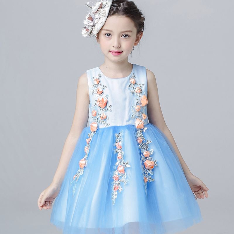 summer 2017 New Princess birthday party Dress 4-12T Blue Color Flower Girls Dress For Wedding Children's Clothing for Teenager Girls