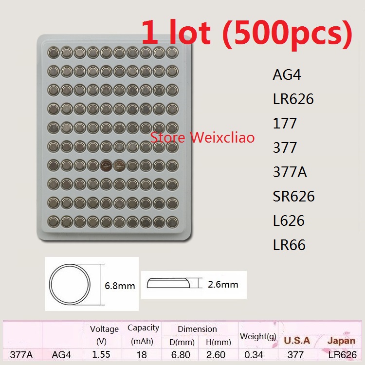 500pcs 1 lot AG4 LR626 177 377 377A SR626 L626 LR66 1.55V Alkaline button cell battery coin batteries tray package Free Shipping
500pcs 1 lot AG4 LR626 177 377 377A SR626 L626 LR66 1.55V Alkaline button cell battery coin batteries tray package Free Shipping