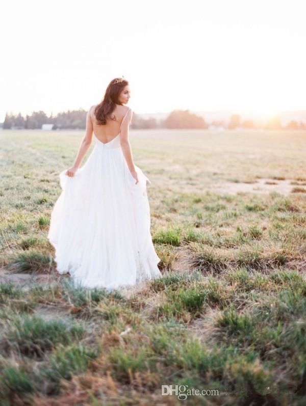 Sexy Backless Boho Chiffon Beach 2017 Spaghetti Sweetheart Bridal Dresses Bohemian Country Wedding Gowns Side Split 0510