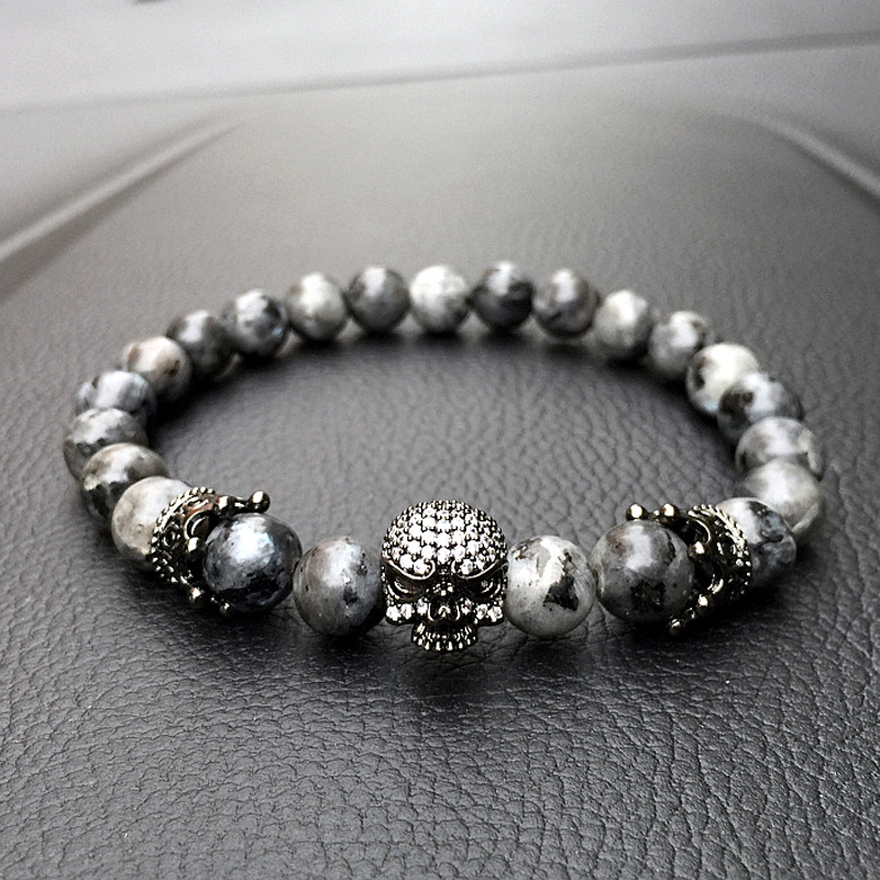 Fashion male skull bracelet grey Strands stone beads bangle gift rown & Matte Black Onyx Women Gift Valentine's Day Holiday Christmas