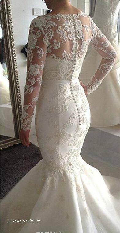 2019 Vintage Arabic Mermaid Wedding Dress High Quality Sheer Long Sleeves Lace Bridal Party Dress Plus Size Vestido De noiva