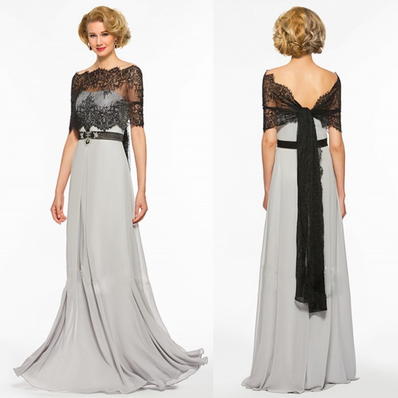 Silver Grey Mother Of The Groom Dresses With Capes Sweep Train Sash Beading Applique Lace Shawl Long Dress Mother Of The Bride Gowns