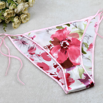 Wholesalecloseout free pure silk womens side tie string bikini panties tanga free size flower printed string closure