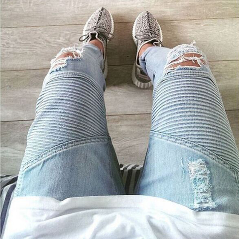 Wholesale- Hot Hip Hop Hole Ripped Jeans Men Fashion Pleated Runway Distressed Biker Boy Blue/Black Motorcycle Trousers Bottoms 28-40