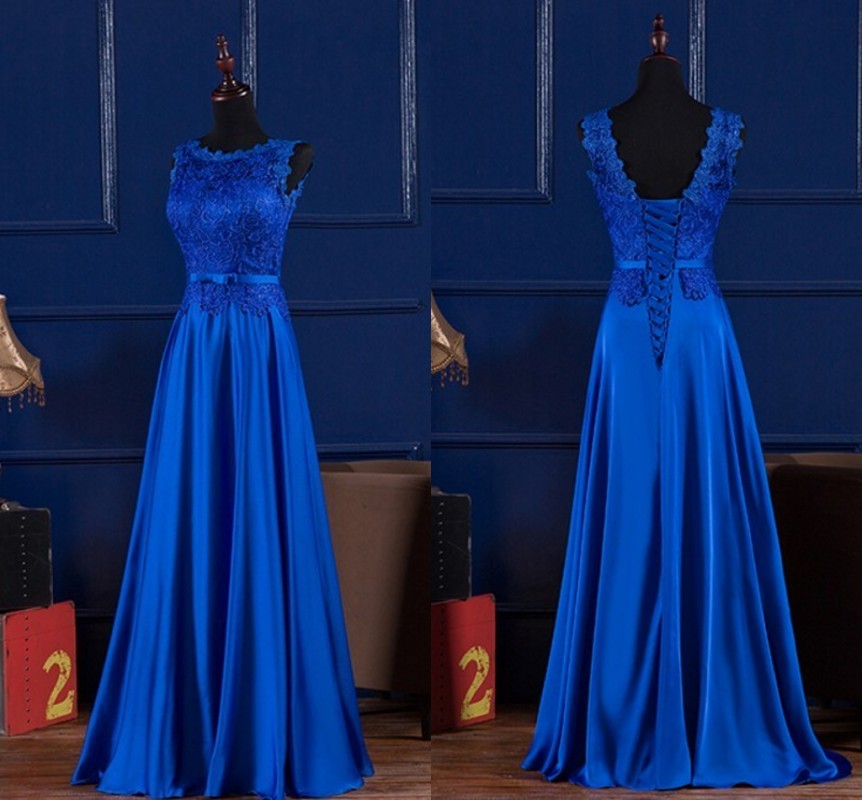 2023 Prom Dress Elegant Royal Blue/Wine Red Scoop Lace Satin Long Evening Party Gowns Vestido De Festa Formal Wear