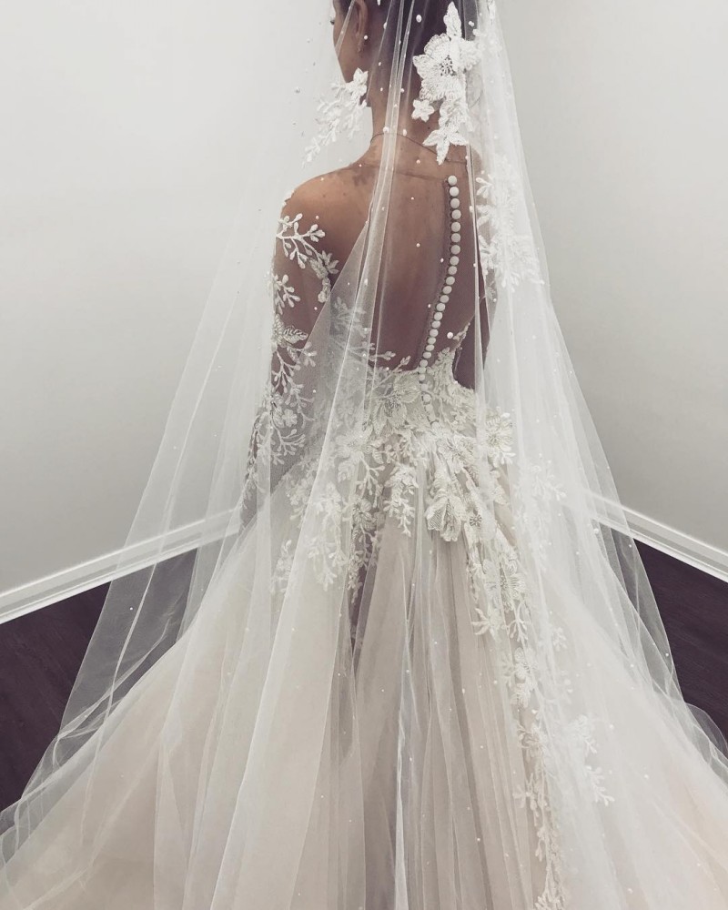 Lace Ball Gown Wedding Dresses 2019 Fall Plus Size Sheer Beach Bridal Gowns with Long Sleeves Beach Pearls Bridal Dress