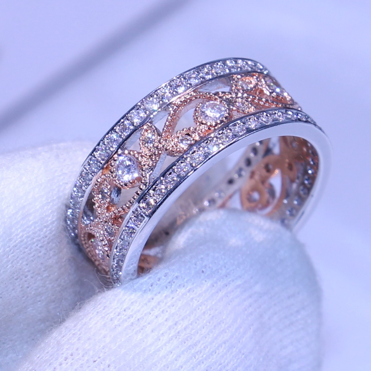 Sterg Sier Leaf Ring for Women - Rose Gold Filled 5A CZ Crystal Wedding Band with Gift Box