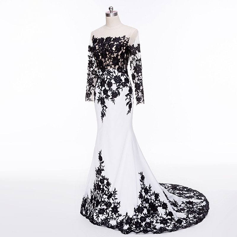 Sexy White and Black Evening Dresses Illusion Sheer Neckline Long Sleeves Chiffon Tulle Floral Applique Sweep Train Prom Dress Plus Size