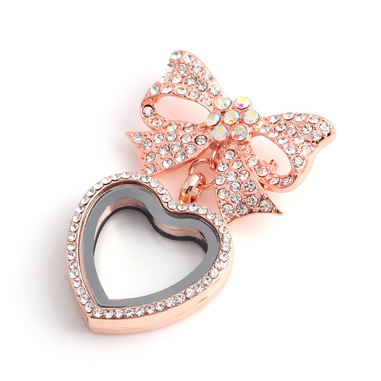 Hot Heart Bowknot floating locket with Diamond Crystal pendants charm lockets For DIY Personality retro Necklaces