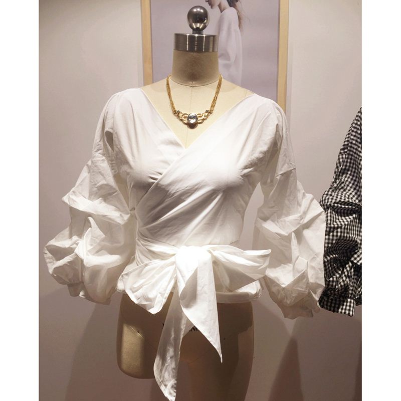 Summer Autumn 2016 New Korean Bow Lantern Sleeve Blouse Shirt V-neck Cotton Short-sleeved White Shirt Blouses Women Tops Blouse
