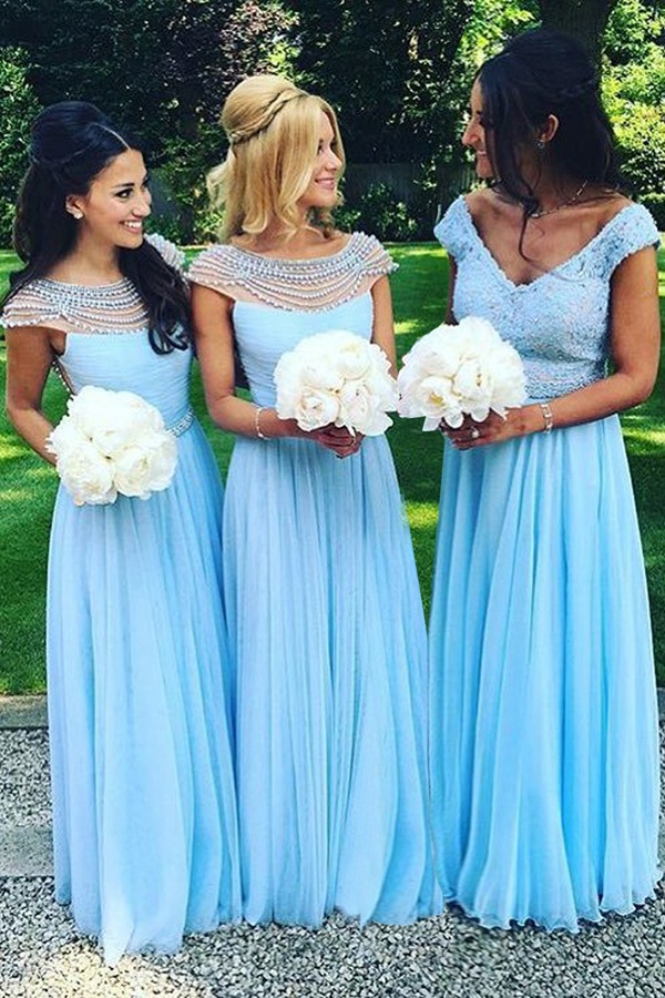 Charming 2017 Light Sky Blue Tulle Bridesmaid Dresses Long Two Styles Beading Bateau V Neck Lace Maid Of Honor Wedding Guest Gown EN11082