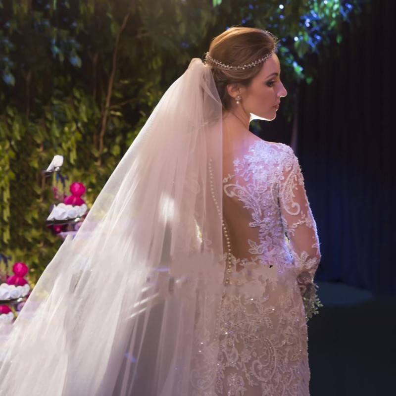 Real Image Elegant Wedding Dresses Long Sleeve V Neck A Line Sweep Train Lace Applique Sequins Bridal Gowns