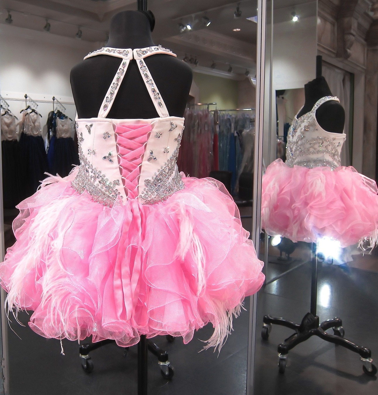 Crystal Beaded Glitz Cupcake Pageant Dresses Puffy Organza Ruffled Feather Pink Ivory Ball Gown Toddler Little Girls Birthday Party Dress