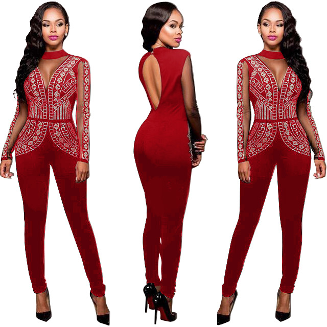 Wholesale- Sexy Sequin Long Sleeve Jumpsuit Women Autumn Winter Mesh Patchwork Plus Size Skinny Playsuit Full Length Backless Overalls 3XL