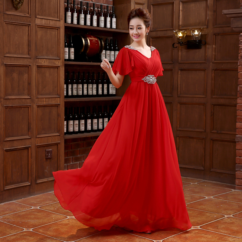 Brand New Red Evening Dresses with Short Sleeve Elegant Chiffon Bride Gown Ball Prom Party Homecoming/Graduation Formal Dress