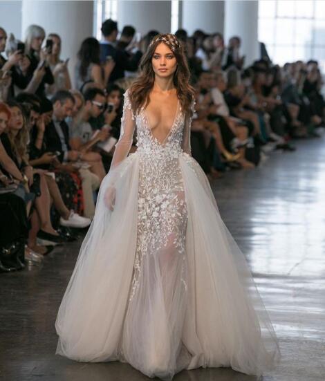 Berta Mermaid Wedding Dresses Applique Plunging Neck Bridal Gowns With Detachable Train Long Sleeve Illusion Wedding Dress Custom Made