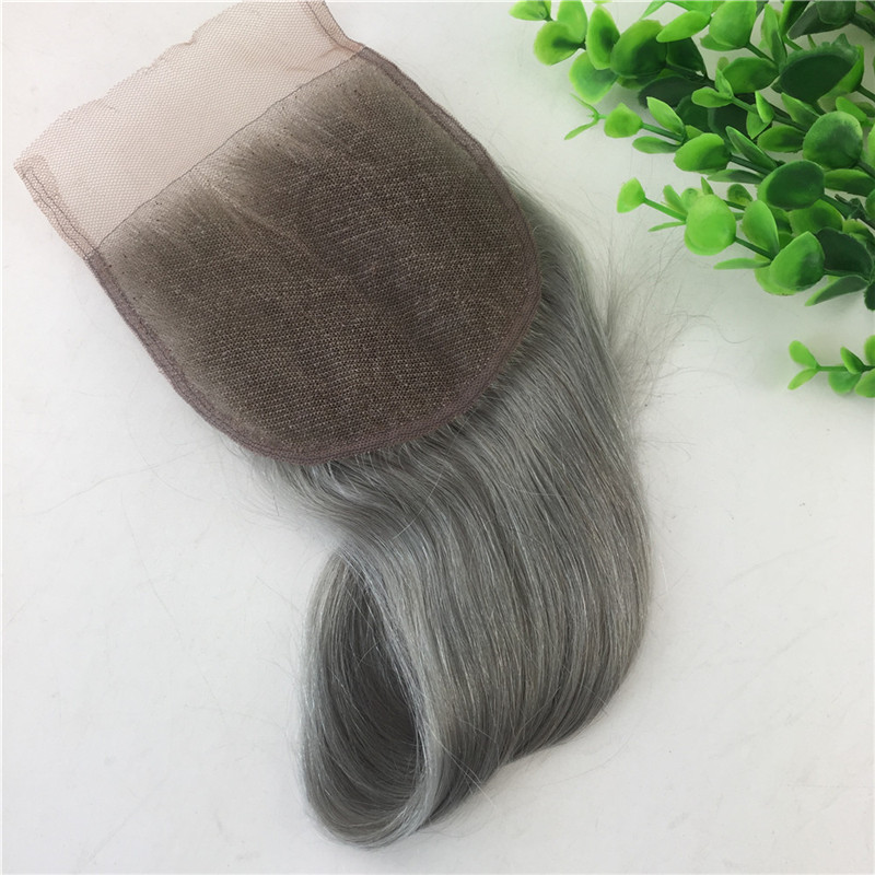 4x4 Lace Closure Grey Human Hair Brazilian Virgin Hair Straight Body Wave Bleached Knots Free Part Swiss Lace