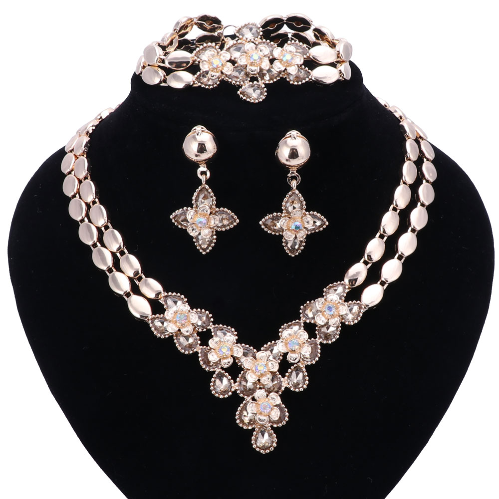 Flower Jewelry Set Gold colour goldenRhinestone French Romantic Bracelet Earrings Necklace Set For Women Hot Sell