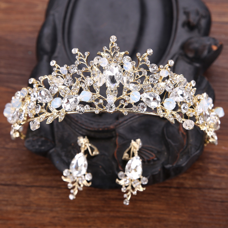 Exquisite Beaded Crystal Bridal Tiara Earrings Handmade Prom Quinceanera Pageant Wedding Crown Earrings Set Three Colors Pink Gold