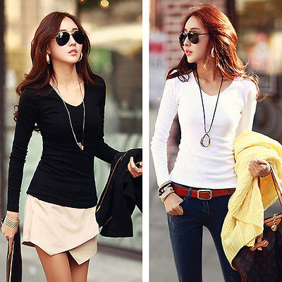 Wholesale- Women Basic Plain Round Crew Neck Tee Shirts Stretch Long Sleeve Top T-Shirts