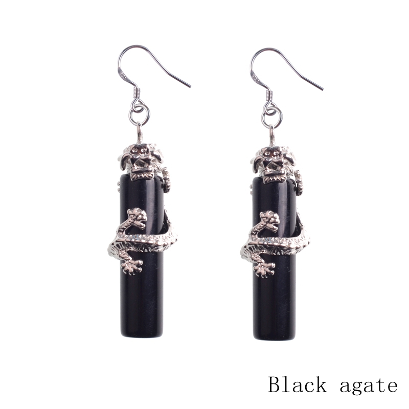 925 sterling silver natural stone crystal Dangle & Chandelier column Chinese dragon national wind earrings for women long earringsdrop earring